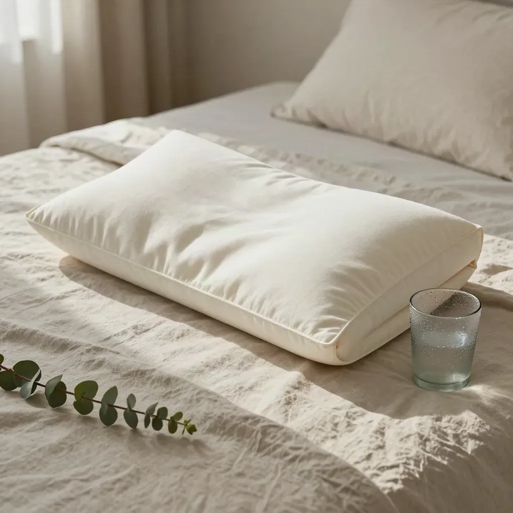 Cooling gel pillow beside a frosted tumbler on rumpled linen with eucalyptus