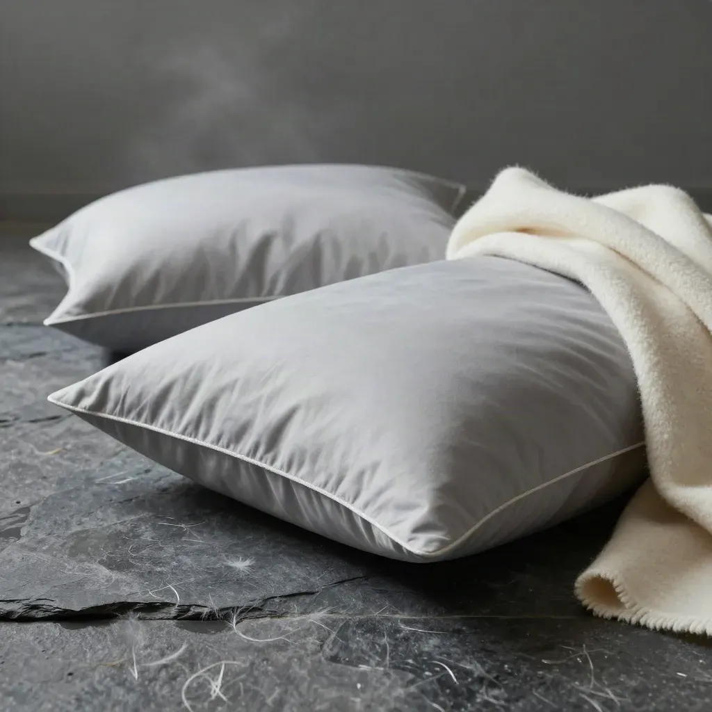 Two feather-soft pillows on slate stone with a folded wool throw and misty studio light.