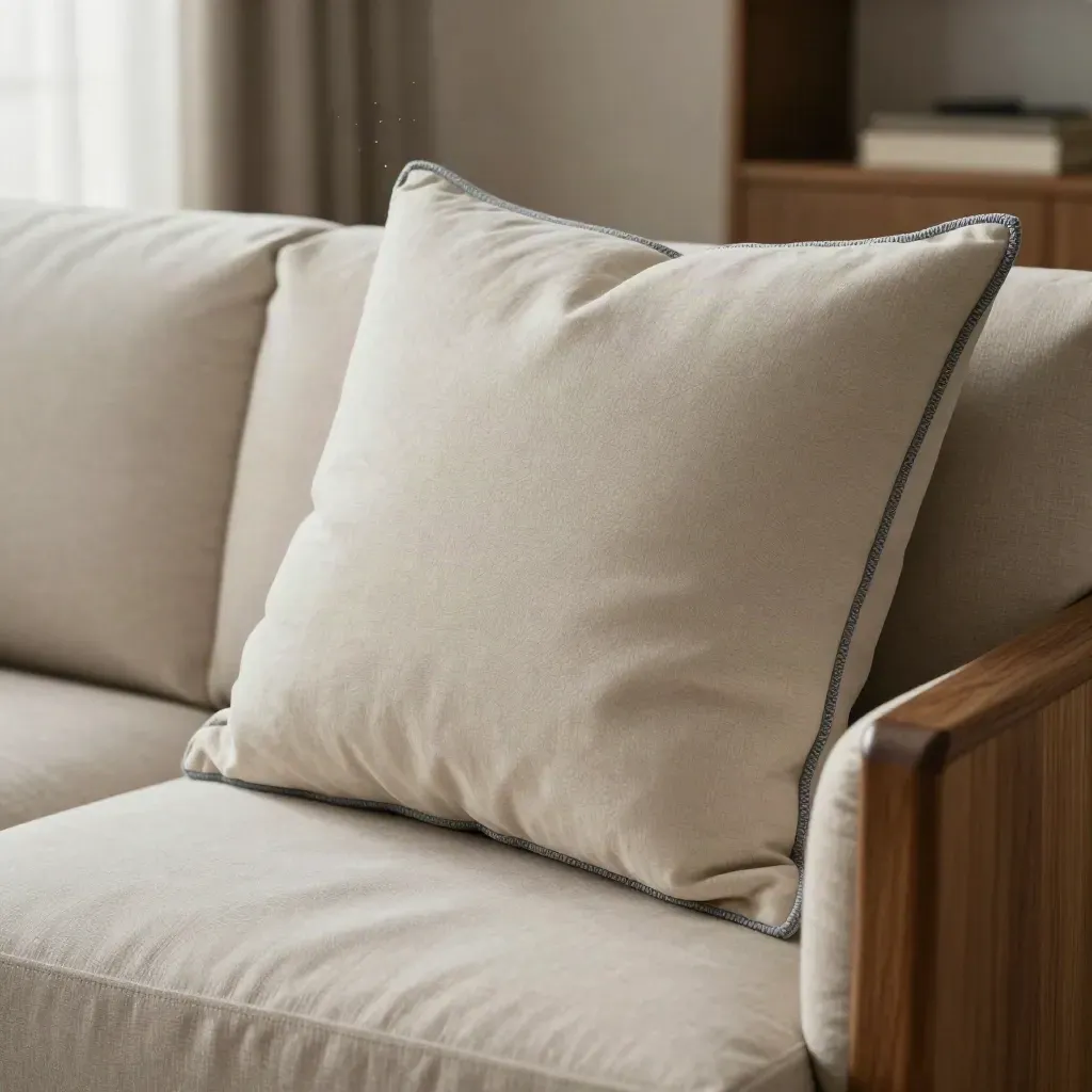 Plump square cushion inserts inside a pale sofa cover beside a throw and timber armrest.