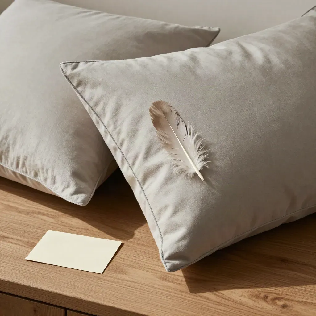 Two feather pillows on a washed oak board, top-down with soft grey bedding details.