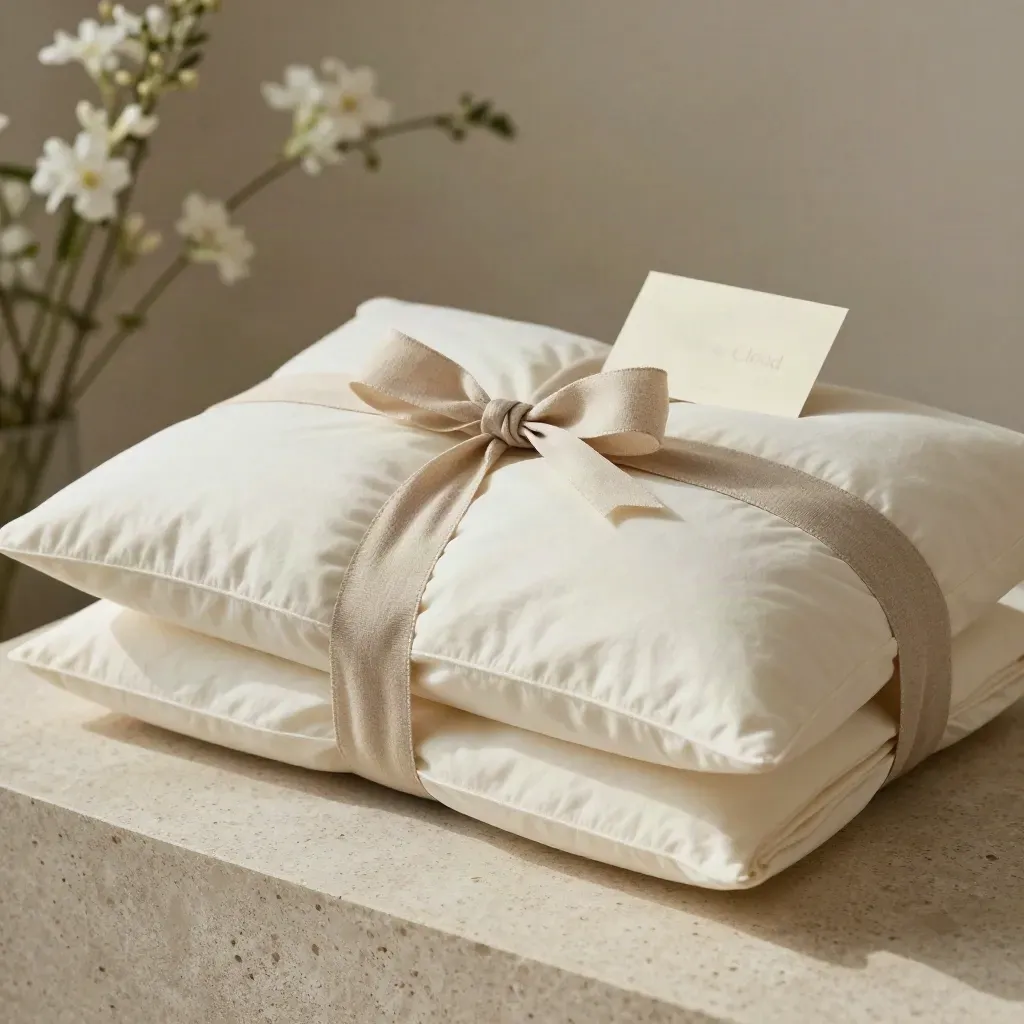 Cream pillow gift set wrapped with linen ribbon on travertine, softly blurred card behind.