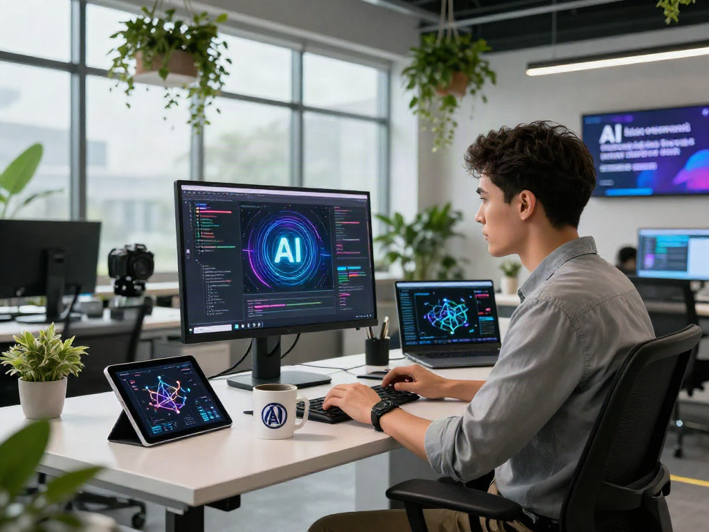 Futuristic tech workspace showcasing spicy ai development with dynamic coding interface and vibrant office elements.